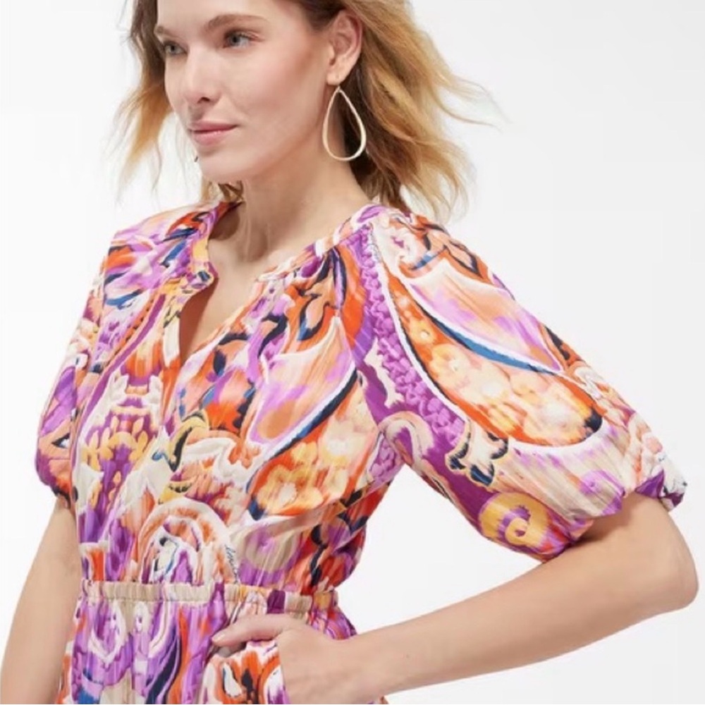 Chicos Puff Sleeve Tiered Paisley Cotton Midi Dress 12 - Picture 4 of 12